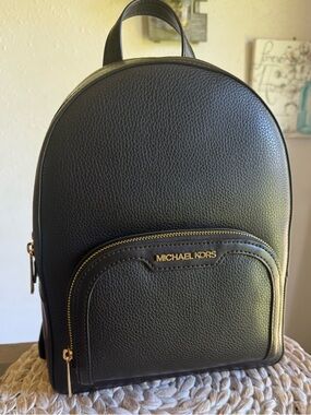 Michael Kors Black Pebbled Leather Backpack with Gold Hardware